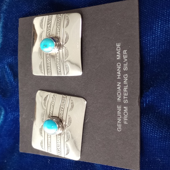 Native American Turquoise Sterling Silver Earrings - Picture 1 of 9
